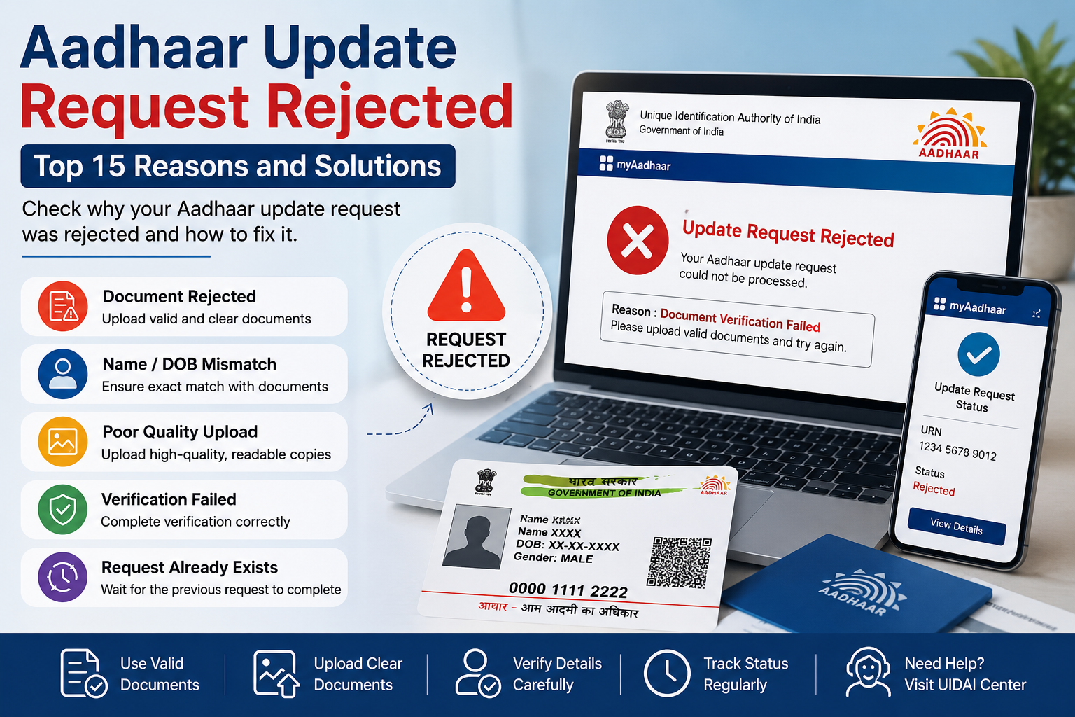 Aadhaar Update Request Rejected showing top 15 reasons, common error messages, and solutions for UIDAI Aadhaar update failures.