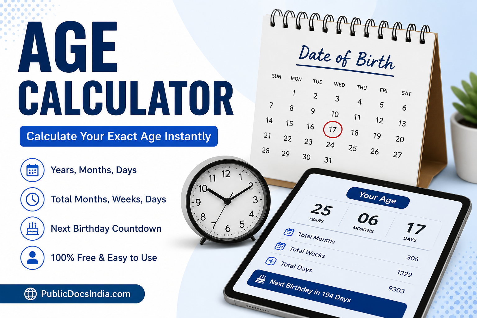 Free online age calculator showing exact age in years months and days