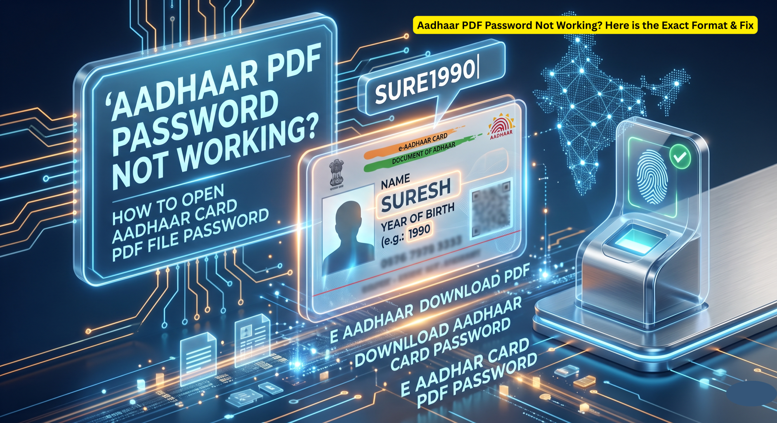 Step-by-step visual guide on fixing the Aadhaar PDF Password Not Working issue. It displays an e-Aadhaar card example (SURESH 1990) and a password input field showing 'SURE1990'. The image includes the biometric fingerprint verification process.